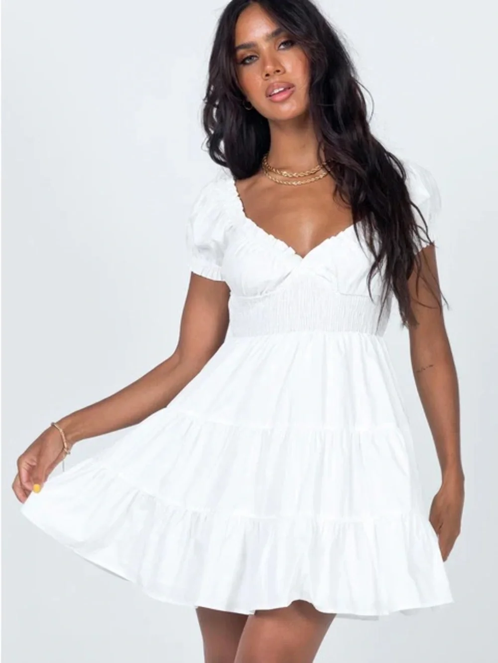 Princess Polly White Puff Sleeve Tiered Mini Dress - Picture 1 of 4
